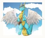  2020 anthro blue_body border clothing cloud dragon feathered_wings feathers featureless_crotch full-length_portrait hat headgear headwear hi_res horn looking_at_viewer louart mostly_nude portrait signature sky smile solo white_body white_border white_feathers wings yellow_body 