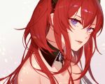  1girl absurdres arknights bangs bare_shoulders commentary detached_collar hair_between_eyes highres huge_filesize jesse_(pixiv34586727) long_hair parted_lips portrait purple_eyes red_hair smile solo surtr_(arknights) 