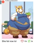  2020 aggressive_retsuko ailurid anthro belly big_belly bottle clothed clothing digital_media_(artwork) english_text female footwear holding_object looking_at_viewer mammal nekocrispy obese obese_anthro obese_female overweight overweight_anthro overweight_female patreon red_panda retsuko sanrio shoes signature solo text thick_thighs url 
