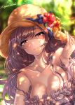  1girl absurdres bare_shoulders blush bow breasts brown_eyes brown_hair character_name cleavage collarbone dress flower hat hat_bow hat_flower highres idolmaster idolmaster_shiny_colors large_breasts long_hair shashaki smile solo sunlight tsukioka_kogane 