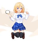  1girl bangs black_legwear blonde_hair blue_eyes blue_neckwear blue_skirt blush bow bowtie breasts collared_shirt commentary_request eyebrows_visible_through_hair felutiahime hair_between_eyes highres holding_magnifying_glass hololive hololive_english knees_together_feet_apart loafers long_sleeves looking_at_viewer medium_breasts medium_hair open_mouth plaid plaid_skirt pleated_skirt shirt shoes skirt solo swept_bangs thighhighs virtual_youtuber watson_amelia white_shirt 