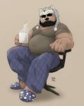 2020 anthro belly black_nose bottomwear brown_body brown_fur chair clothing fur furniture hi_res humanoid_hands kenobear male mammal overweight overweight_male pants shirt sitting solo topwear ursid 