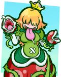  1girl :d bangs belly blonde_hair blue_background border breasts commentary_request covered_eyes crown dress facing_viewer flipped_hair gradient gradient_background green_background green_dress hair_over_eyes highres kafuka5364 long_hair long_tongue mario_(series) medium_breasts mini_crown multicolored multicolored_background new_super_mario_bros._u_deluxe open_mouth outside_border piranha_plant plant polka_dot_hair polka_dot_skirt princess_piranha_plant puffy_short_sleeves puffy_sleeves red_skirt saliva shaded_face sharp_teeth short_sleeves simple_background skirt smile solo super_crown teeth thorns tongue tongue_out vines white_border 