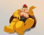  2020 anthro belly bowser bowser_day bulge clothing hi_res humanoid_hands kenobear koopa male mario_bros moobs nintendo nipples overweight overweight_male scalie simple_background sitting solo underwear video_games 