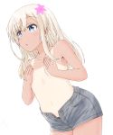  1girl :o blonde_hair blue_eyes blush breast_hold breasts covering covering_breasts highres kantai_collection kyouta_(02squadstars) long_hair ro-500_(kantai_collection) short_shorts shorts simple_background solo tan tanline topless unzipped white_background 