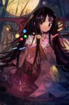  1girl absurdres bamboo bangs black_hair branch commentary full_moon highres hime_cut houraisan_kaguya japanese_clothes jeweled_branch_of_hourai kaamin_(mariarose753) long_hair long_sleeves moon night outdoors pink_shirt red_eyes shirt sitting solo touhou wide_sleeves 