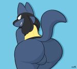  anthro backsack balls birdvian butt genitals hi_res looking_back lucario male nintendo pok&eacute;mon pok&eacute;mon_(species) raised_tail simple_background solo video_games 