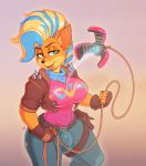  2020 activision anthro bandicoot belt big_breasts big_bulge black_nose blonde_hair blue_eyes blue_hair bottomwear breasts bulge clothing crash_bandicoot_(series) crossgender daxzor denim denim_clothing digital_media_(artwork) ear_piercing ear_ring fingerless_gloves ftg_crossgender fti_crossgender gloves gradient_background gynomorph hair handwear hi_res inner_ear_fluff intersex jacket jeans leather leather_jacket looking_at_viewer mammal marsupial multicolored_hair orange_body pants piercing pirate_tawna rope shirt signature simple_background solo tawna_bandicoot technology thick_thighs topwear tuft two_tone_hair video_games 