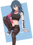  1girl black_legwear black_shorts black_sports_bra blue_eyes blue_hair breasts byleth_(fire_emblem) byleth_(fire_emblem)_(female) cleavage commentary contemporary cropped_hoodie edie_crop_hoodie english_commentary fila fire_emblem fire_emblem:_three_houses hair_between_eyes highres hood hood_down hoodie invisible_chair leg_up light_smile looking_at_viewer medium_breasts medium_hair meme_attire midriff navel pantyhose product_placement shoes short_shorts shorts signature sitting sneakers solo sports_bra tailong_yo 