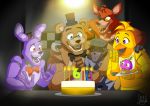  2020 anniversary avian bib bird black_sclera blue_eyes bodily_fluids bonnie_(fnaf) bow brown_body buckteeth cake canid canine chica_(fnaf) chicken clothing cupcake_(fnaf) eyelashes female fingers fire five_nights_at_freddy&#039;s food fox foxy_(fnaf) freddy_(fnaf) galliform gallus_(genus) gold_(metal) gold_tooth hair happy hat headgear headwear hook human lagomorph leporid lucyjung male mammal open_mouth open_smile party phasianid pirate purple_body purple_eyes rabbit red_body red_eyes scar security_guard sharp_teeth signature smile sweat teeth tongue ursid video_games white_eyes yellow_eyes 