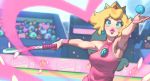  1girl armpits ball blonde_hair blue_eyes blurry brooch brown_hair crowd crown depth_of_field gloss goomba highres jewelry mario_(series) mario_tennis mini_crown outstretched_arms princess_peach racket shy_guy sleeveless solo_focus tennis_ball tennis_racket toad upper_body wristband 
