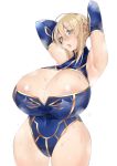  1girl absurdres armpits artoria_pendragon_(all) artoria_pendragon_(lancer) blonde_hair blue_gloves breasts cleavage commentary_request covered_navel curvy elbow_gloves fate_(series) gloves green_eyes highres kobo_(cobo_0609) long_hair simple_background solo sweat thick_thighs thighs white_background wide_hips 