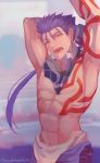  1boy abs absurdres alternate_costume arm_behind_head arm_up armpits blue_hair bodypaint cu_chulainn_(fate)_(all) earrings fangs fate/stay_night fate_(series) goggles goggles_around_neck highres jewelry lancer long_hair looking_at_viewer muscle one_eye_closed open_mouth ponytail red_eyes shirtless snorkel solo spiked_hair stretch tablefork twitter_username type-moon yawning 