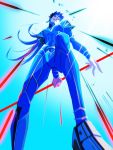  1boy blue_hair bodysuit cu_chulainn_(fate)_(all) earrings fate/stay_night fate_(series) from_below gae_bolg holding holding_weapon jewelry lancer light_trail long_hair looking_at_viewer nokolight0616 polearm red_eyes skin_tight solo spear spiked_hair type-moon weapon 