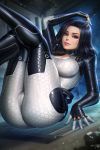  1girl black_hair blue_eyes bodysuit breasts cleavage commentary large_breasts legs_up lips long_hair looking_at_viewer mass_effect mass_effect_2 midair miranda_lawson nudtawut_thongmai skin_tight smile solo thighs 