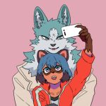  1:1 2020 anthro black_hair blue_body blue_eyes blue_fur blue_hair brand_new_animal brown_body brown_fur canid canine canis cellphone clothed clothing duo facial_markings female fur gloves_(marking) hair head_markings holding_object jacket male mammal markings mask_(marking) michiru_kagemori multicolored_body multicolored_fur multicolored_hair open_mouth phone pink_background raccoon_dog selfie shirou_ogami simple_background studio_trigger tanuki topwear uriel_errr white_body white_fur wolf 