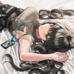  1girl armpits arms_up bangs bare_shoulders belt black_belt black_hair blush breasts closed_mouth eyebrows_visible_through_hair from_above girls_frontline heterochromia id_card lanyard large_breasts long_hair looking_at_viewer lying multicolored_hair on_back red_eyes ro635_(girls_frontline) sideboob silence_girl sleeveless sleeveless_sweater solo streaked_hair sweater tagme tied_hair torn_clothes white_hair yellow_eyes 