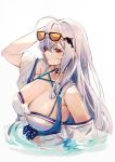  1girl arknights bangs bare_shoulders breasts choker cleavage eyebrows eyewear_on_head hand_on_own_head large_breasts long_hair looking_at_viewer mamemena parted_lips red_eyes silver_hair skadi_(arknights) solo sunglasses swimsuit 