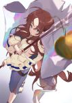  1girl arknights bangs bare_shoulders brown_hair eyebrows eyebrows_visible_through_hair flag holding holding_flag long_hair long_sleeves looking_at_viewer mamemena myrtle_(arknights) parted_bangs sleeves solo standing 