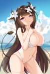  1girl absurdres animal_ears azur_lane bangs bare_arms bare_shoulders beach bikini blue_sky blunt_bangs blush breasts brown_hair cleavage closed_mouth cloud collarbone commentary_request contrapposto cow cow_ears cow_horns cowboy_shot criss-cross_halter day flower hair_flower hair_ornament hair_ribbon halter_top halterneck hand_on_own_chest hand_up highres horizon horns huge_breasts kashino_(after-bath_pleasure)_(azur_lane) kashino_(azur_lane) large_breasts long_hair looking_at_viewer multi-strapped_bikini navel ocean outdoors purple_eyes revision ribbon skindentation sky smile solo standing stomach swimsuit tail thigh_strap tming very_long_hair water white_bikini white_flower white_ribbon 