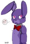  0gamegirlartistnerd0 2014 angry animatronic anthro bonnie_(fnaf) five_nights_at_freddy&#039;s glowing glowing_eyes japanese_text lagomorph leporid long_ears machine male mammal pink_body purple_body rabbit ribbons robot signature solo speech_bubble text tuft video_games whiskers 