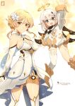  2girls artist_name blonde_hair breasts chinchongcha cleavage dress female_traveler_(genshin_impact) genshin_impact halo highres long_hair multiple_girls open_mouth paimon_(genshin_impact) smile white_dress yellow_eyes 