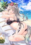 1girl :d arknights ass bangs bare_shoulders beach beach_chair bikini black_bikini black_nails blue_sky chinese_commentary cloud commentary_request day feet_out_of_frame flower grey_eyes hair_flower hair_ornament lappland_(arknights) looking_at_viewer nail_polish ocean open_mouth oripathy_lesion_(arknights) outdoors partial_commentary red_flower ryuu32 scar scar_across_eye side-tie_bikini silver_hair sky smile solo swimsuit tail thighs water wolf_tail 