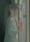  1girl animal_ears cat_ears fkey flat_chest grey_hair highres indoors long_hair mirror mirror_image nightgown original pajamas ponytail red_eyes sidelocks solo standing window 