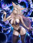  1girl ahri animal_ears ass_visible_through_thighs black_bra black_legwear black_panties blonde_hair blue_eyes bra breasts cleavage crystal_tail eyeshadow forehead fox_ears fox_tail heart high_heels k/da_(league_of_legends) large_breasts league_of_legends lingerie long_hair looking_at_viewer makeup midriff multiple_tails navel o-ring o-ring_bottom o-ring_panties o-ring_top open_mouth panties pink_hair solo tail teemu_rasinkangas the_baddest_ahri thighhighs underwear whisker_markings 