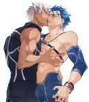  2boys abs archer bare_chest bare_shoulders blue_bodysuit blue_hair blush bodysuit bracelet brown_eyes couple cropped_legs cu_chulainn_(fate)_(all) dark_skin dark_skinned_male earrings fate/grand_order fate/stay_night fate_(series) jewelry kiss lancer licking makina_(nikki_m7_) male_focus multiple_boys muscle nipples sleeveless tight tongue tongue_out white_background white_hair yaoi 