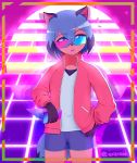  2020 absurd_res anthro blue_body blue_eyes blue_hair bottomwear brand_new_animal brown_body brown_fur canid canine clothed clothing erenahh eyewear facial_markings female fluffy fluffy_tail fur glasses gloves_(marking) hair head_markings hi_res holding_object jacket mammal markings mask_(marking) michiru_kagemori multicolored_body multicolored_fur multicolored_hair open_clothing open_jacket open_mouth open_topwear portrait raccoon_dog shorts solo studio_trigger synthwave tanuki three-quarter_portrait topwear 