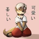  1:1 2020 anthro black_nose blush clothed clothing fully_clothed hi_res japanese_text louart lutrine mammal mustelid pink_background simple_background sitting solo text whiskers 