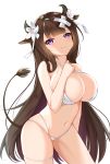  1girl absurdres animal_ears azur_lane bangs bare_arms bare_shoulders bikini blunt_bangs blush breasts brown_hair cleavage closed_mouth collarbone commentary_request contrapposto cow cow_ears cow_horns cowboy_shot criss-cross_halter eyebrows_visible_through_hair flower hair_flower hair_ornament hair_ribbon halterneck hand_up highres horns huge_breasts kashino_(after-bath_pleasure)_(azur_lane) kashino_(azur_lane) large_breasts long_hair looking_at_viewer multi-strapped_bikini navel purple_eyes revision ribbon simple_background skindentation smile solo stomach swimsuit tail thighs tming very_long_hair white_background white_bikini white_flower white_ribbon 