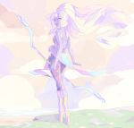  1girl bare_shoulders bow breasts cliff cloud four_arms gem giantess highres holding holding_weapon looking_back ocean opal_(steven_universe) purple_skin smile solo steven_universe vonnabeee weapon yellow_footwear 