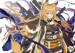  1girl :d animal_ears arknights bangs blonde_hair breasts ceobe_(arknights) eyebrows eyebrows_visible_through_hair hair_between_eyes holding holding_weapon long_hair long_sleeves looking_at_viewer mamemena open_mouth red_eyes sleeves smile solo weapon 