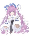  1girl animal_ears azur_lane bangs blue_eyes closed_mouth coat eyebrows eyebrows_visible_through_hair fake_animal_ears kneeling long_hair long_sleeves looking_at_viewer mamemena purple_hair sleeves sleeves_past_elbows sleeves_past_fingers sleeves_past_wrists solo tashkent_(azur_lane) torpedo very_long_hair white_coat 