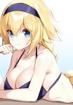  1girl blonde_hair blue_eyes blush braid breasts chin_rest fate/grand_order fate_(series) hair_between_eyes headband highres jeanne_d&#039;arc_(fate) jeanne_d&#039;arc_(fate)_(all) large_breasts long_braid looking_at_viewer lying on_stomach prawnlunchset purple_headband sideboob solo white_background 
