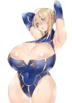  1girl absurdres areola_slip areolae armpits artoria_pendragon_(all) artoria_pendragon_(lancer) blonde_hair blue_gloves breasts cleavage commentary_request covered_navel curvy elbow_gloves fate_(series) gloves green_eyes highres kobo_(cobo_0609) long_hair parted_lips simple_background solo steam sweat thick_thighs thighs white_background wide_hips 