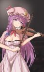  blue_bow blue_ribbon blush bow breasts capelet cowboy_shot crescent crescent_hair_ornament dress eyebrows_visible_through_hair hair_bow hair_ornament hat hat_ribbon highres instrument long_hair mob_cap music namiki_(remiter00) patchouli_knowledge playing_instrument purple_eyes purple_hair red_bow red_ribbon ribbon simple_background smile striped striped_dress touhou very_long_hair violin 