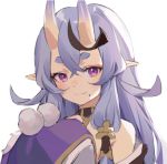  1girl bare_shoulders character_request horns japanese_clothes long_hair looking_at_viewer lowres mamemena mole mole_under_mouth oni_horns pointy_ears purple_eyes purple_hair smile solo 