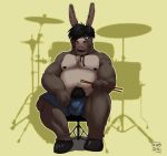  2020 anthro asinus belly bottomwear bulge clothing donkey equid equine hi_res kenobear male mammal moobs musical_instrument nipples overweight overweight_male pubes shorts sitting solo town_musicians_of_bremen 