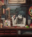  1boy ako_(td110349-7517) black_hair bookshelf capsule chair checkered checkered_scarf cup danganronpa disposable_cup eyebrows_visible_through_hair gashapon giraffe hair_between_eyes highres holding indoors long_sleeves male_focus new_danganronpa_v3 open_mouth ouma_kokichi pale_skin purple_eyes scarf sitting solo straitjacket table 