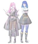  2girls belt blue_eyes blue_hair blue_legwear boots byleth_(fire_emblem) byleth_(fire_emblem)_(female) byleth_(fire_emblem)_(female)_(cosplay) closed_eyes closed_mouth clothing_cutout cosplay costume_switch crossed_arms fire_emblem fire_emblem:_three_houses garreg_mach_monastery_uniform high_heels highres hilda_valentine_goneril hilda_valentine_goneril_(cosplay) lissatrashart long_hair multiple_girls navel_cutout open_mouth pantyhose pink_hair simple_background thighhighs twintails twitter_username uniform white_background 