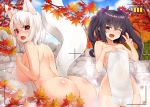  2girls animal_ears ass autumn_leaves back breasts brown_eyes hair_ribbon highres himekaidou_hatate inubashiri_momiji large_breasts long_hair looking_at_viewer medium_breasts multiple_girls nude onsen outdoors purple_ribbon red_eyes ribbon shiny shiny_skin shiron_(e1na1e2lu2ne3ru3) sparkle standing tail touhou towel twintails v wet white_hair wolf_ears wolf_tail 