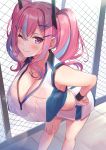  1girl ;) azur_lane bangs bare_shoulders blush breasts bremerton_(azur_lane) bremerton_(scorching-hot_training)_(azur_lane) chain-link_fence cleavage closed_mouth collarbone crop_top crop_top_overhang fence heart heart_necklace highres large_breasts leaning_forward long_hair looking_at_viewer multicolored_hair one_eye_closed pink_eyes pink_hair revision sidelocks smile sportswear streaked_hair super_nagoyaka tennis_uniform twintails two-tone_shirt two-tone_skirt wristband 