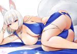  1girl animal_ears arm_support ass azur_lane bare_legs bare_shoulders blue_dress blue_eyes breasts cleavage commentary_request dress expressionless fox_ears fox_girl fox_tail hand_on_own_ass head_rest jewelry kaga_(azur_lane) kaga_(white-tailed_magnificence)_(azur_lane) kitsune large_breasts legs looking_at_viewer lying medium_hair miyo_(miyostage) multiple_tails necklace no_bra no_panties on_side silver_hair sleeveless sleeveless_dress solo tail thighs upskirt 
