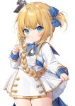  1girl azur_lane bangs bare_thighs blonde_hair blue_bow blue_eyes bow braid closed_mouth coat_dress eyebrows eyebrows_visible_through_hair gold_trim hair_bow hair_ornament little_renown_(azur_lane) long_sleeves looking_at_viewer mamemena military military_uniform renown_(azur_lane) simple_background single_braid sleeves solo uniform 