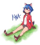  2020 anthro barefoot black_hair blue_body blue_eyes blue_hair blush bottomwear brand_new_animal breasts brown_body brown_fur canid canine clothed clothing facial_markings female fluffy fluffy_tail fur gloves_(marking) hair head_markings hi_res jacket land_ants mammal markings mask_(marking) michiru_kagemori multicolored_body multicolored_fur multicolored_hair open_clothing open_jacket open_topwear raccoon_dog shorts sitting solo studio_trigger tanuki topwear 