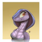  1:1 2020 anthro border breasts bust_portrait clothed clothing female gradient_background hi_res louart non-mammal_breasts portrait purple_body purple_scales reptile scales scalie signature simple_background smile snake solo white_border 