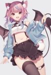  1girl :d animal_ear_fluff animal_ears bare_shoulders bat_ears bat_wings black_choker black_legwear black_shorts blue_jacket choker collared_shirt cowboy_shot crop_top crop_top_overhang demon_tail extra_ears fang frilled_shorts frills gradient_hair grey_background highres holding_tail horns iriam jacket long_sleeves looking_at_viewer midriff multicolored_hair navel off_shoulder open_clothes open_jacket open_mouth pink_hair pointy_ears red_eyes sakuma_miku sapphire_(sapphire25252) shirt short_hair short_shorts shorts sidelocks simple_background single_thighhigh sleeveless sleeveless_shirt smile solo stomach streaked_hair suspenders tail thigh_strap thighhighs virtual_youtuber white_shirt wings 